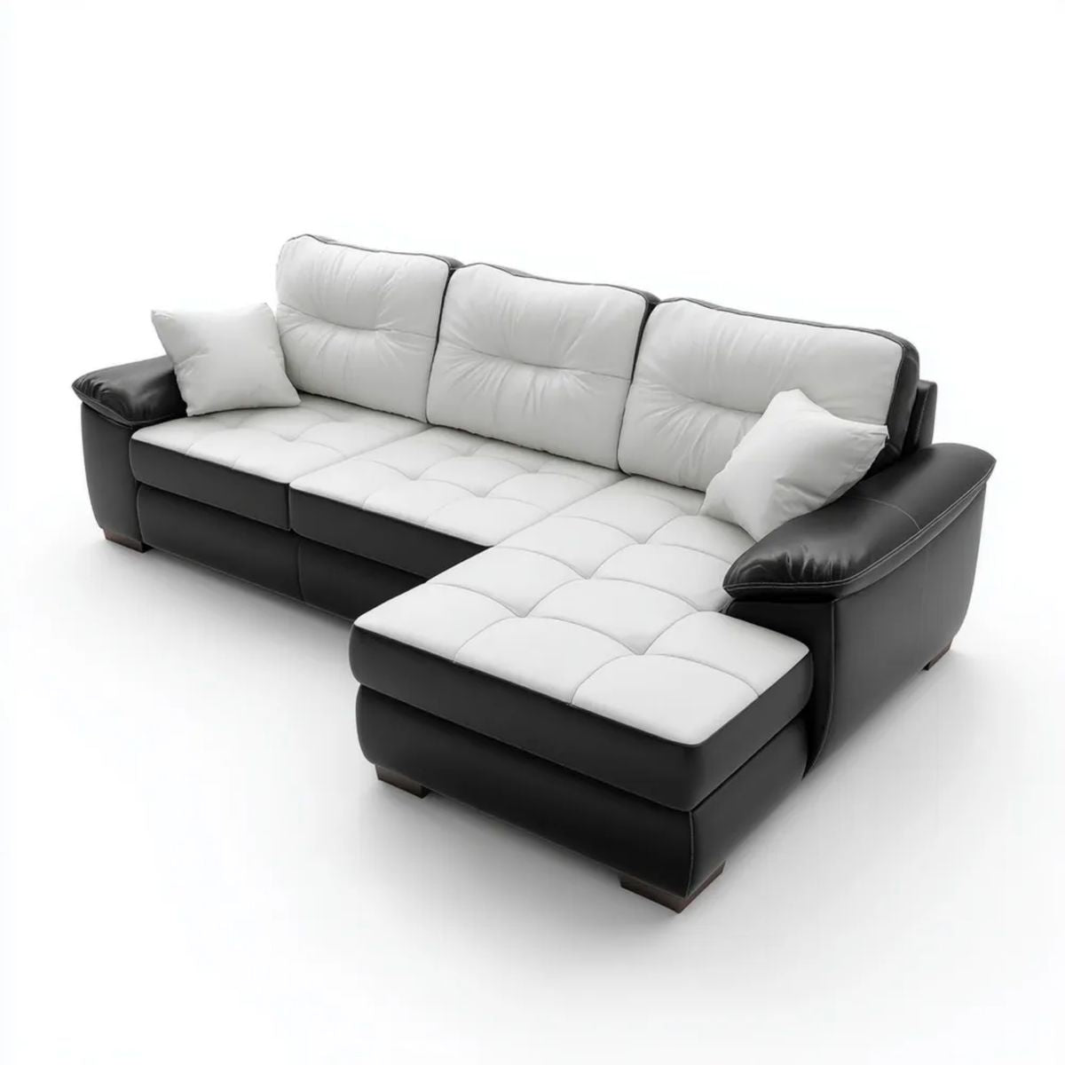 Prawostronna sofa narożna w kształcie L z szezlongiem, biało-czarna, ze skóry syntetycznej, 280 × 170 × 90 cm