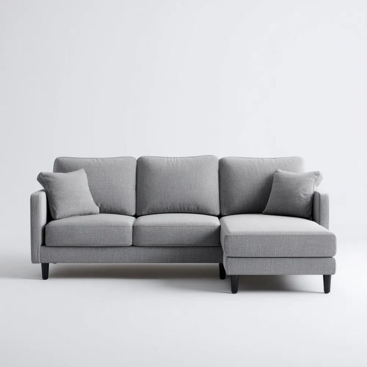 Szara sofa narożna z prawym szezlongiem, tapicerowana tkaniną, 250 x 160 x 85 cm