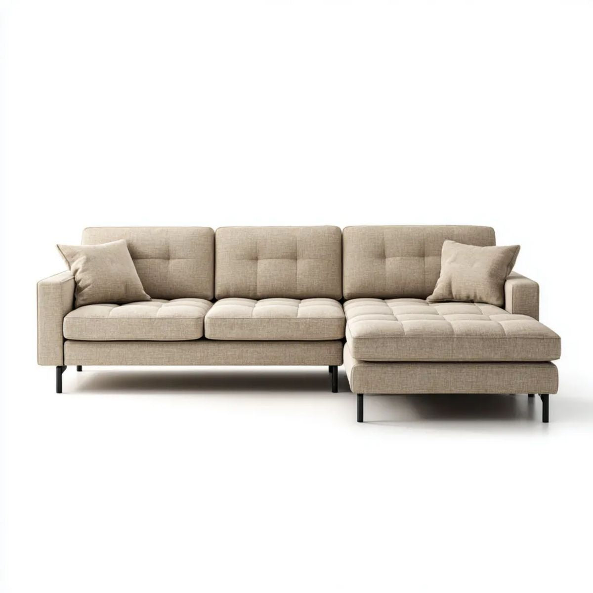 Beżowa sofa narożna w kształcie L z prawostronnym szezlongiem, tapicerowana poliestrem, 280 × 160 × 85 cm