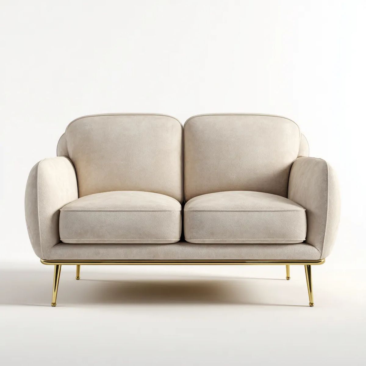 Beżowa sofa dwuosobowa z tapicerką poliestrową i złotymi metalowymi nogami, 160 × 88 × 82 cm