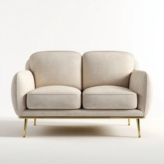 Beżowa sofa dwuosobowa z tapicerką poliestrową i złotymi metalowymi nogami, 160 × 88 × 82 cm