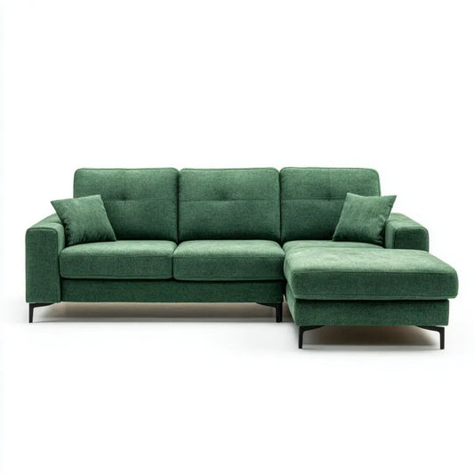 Zielona sofa narożna z prawostronnym szezlongiem i tapicerką poliestrową, 260 × 160 × 85 cm