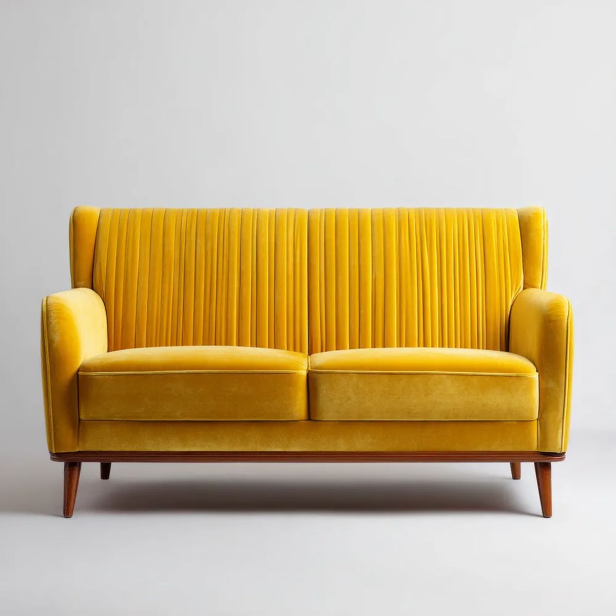 Dwuosobowa sofa musztardowa z aksamitu poliestrowego, drewniane nogi, 150 x 84 x 96 cm