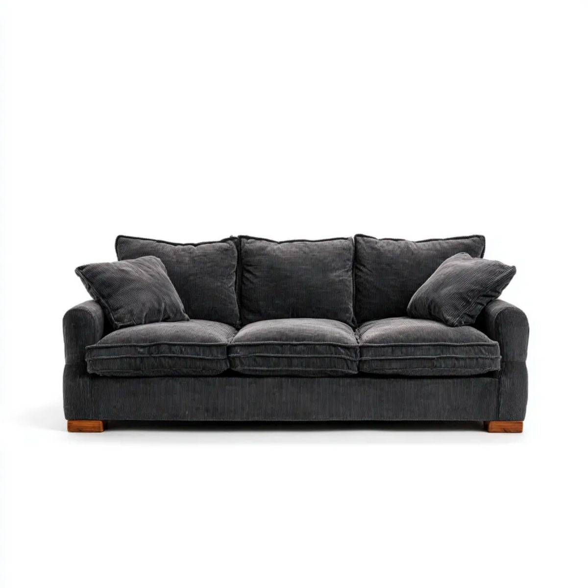 Trzyosobowa sofa ciemnoszara z brązowymi drewnianymi nogami, tapicerka sztruksowa, 220 × 95 × 88 cm