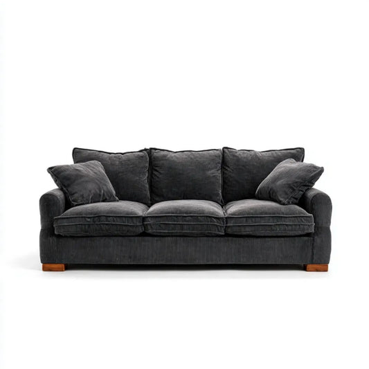Trzyosobowa sofa ciemnoszara z brązowymi drewnianymi nogami, tapicerka sztruksowa, 220 × 95 × 88 cm