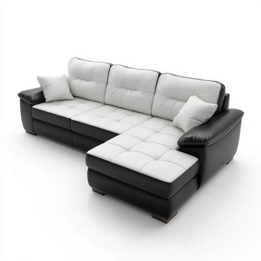 Prawostronna sofa narożna w kształcie L z szezlongiem, biało-czarna, ze skóry syntetycznej, 280 × 170 × 90 cm