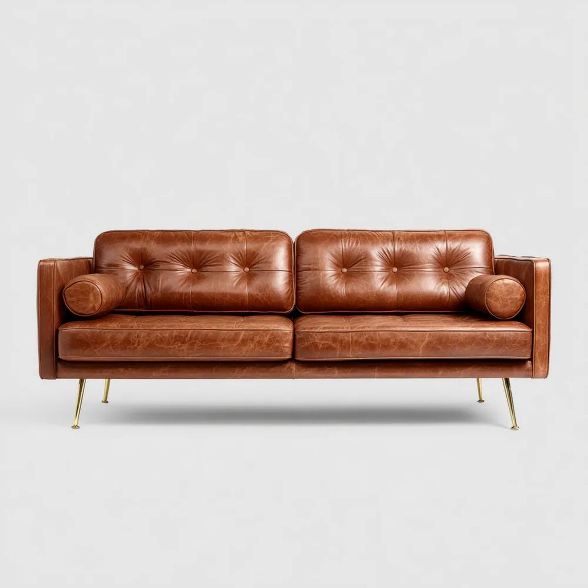 Trzyosobowa sofa koniakowa z tapicerką z PU i złotymi nogami, 220 x 90 x 82 cm