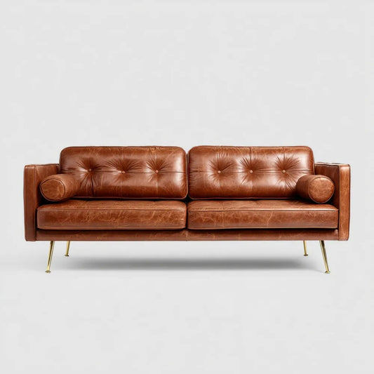 Trzyosobowa sofa koniakowa z tapicerką z PU i złotymi nogami, 220 x 90 x 82 cm