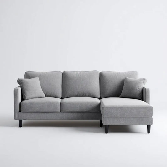 Szara sofa narożna z prawym szezlongiem, tapicerowana tkaniną, 250 x 160 x 85 cm