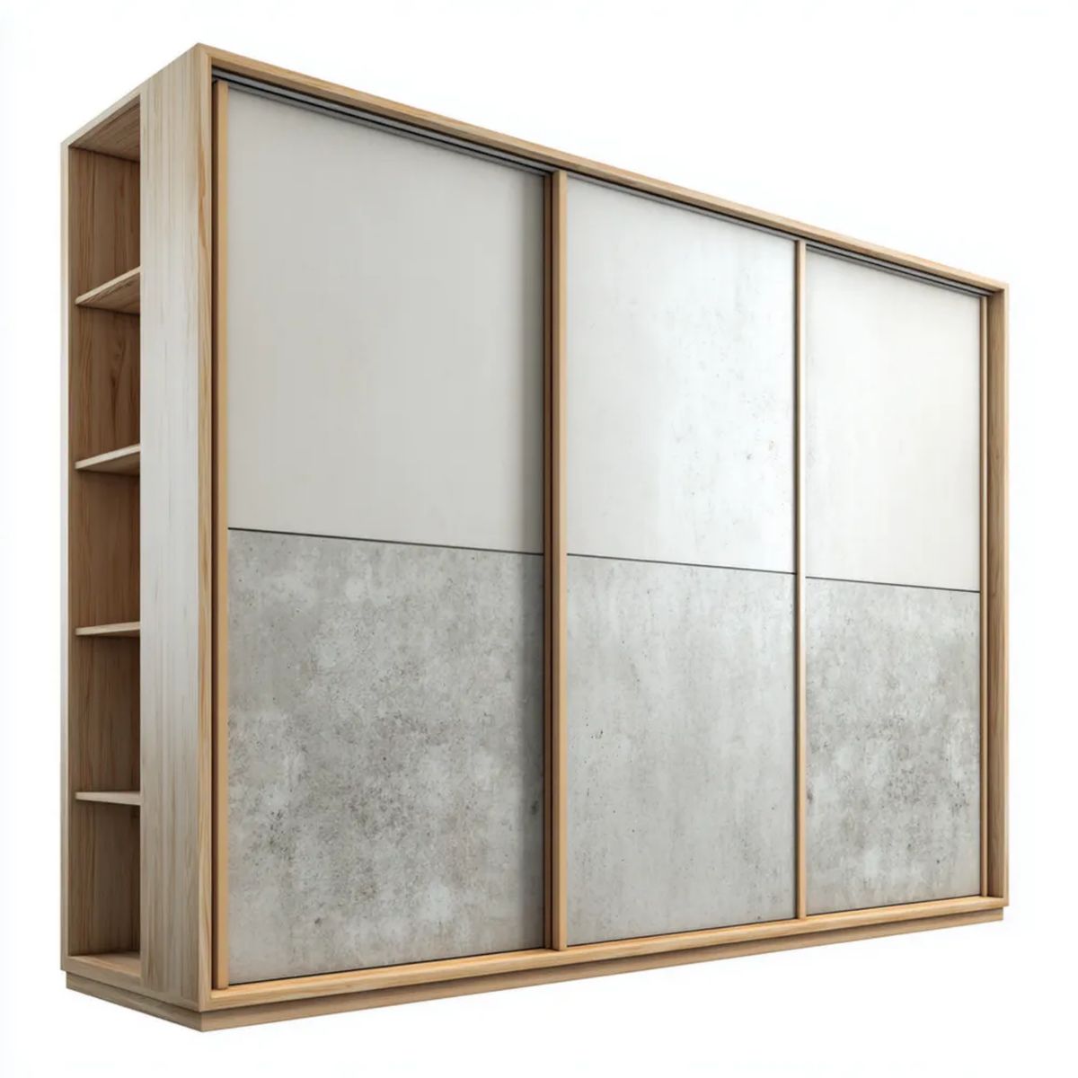 Szafa przesuwna drewniana z bocznym regałem, dekor dąb jasny i szary beton, 200 × 60 × 200 cm