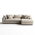 Beżowa sofa narożna z szezlongiem po prawej stronie, tapicerka poliestrowa, 280 × 170 × 85 cm, kształt L