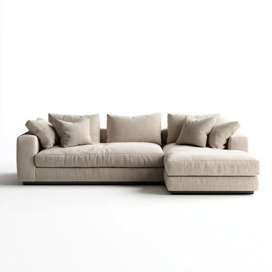 Beżowa sofa narożna z szezlongiem po prawej stronie, tapicerka poliestrowa, 280 × 170 × 85 cm, kształt L