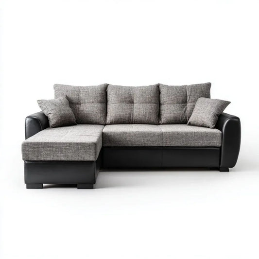 Narożnik lewostronny z szezlongiem z tkaniny i PVC, szary/czarny, 240 × 145 × 90 cm