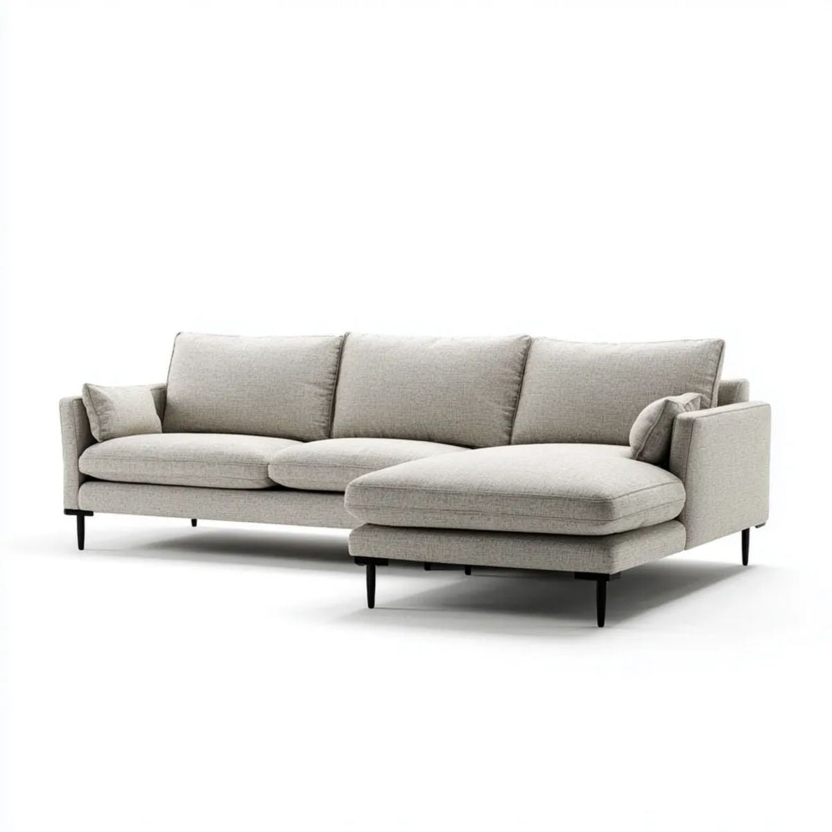 Jasnoszara sofa narożna z szezlongiem po prawej stronie z tkaniny, 275 × 160 × 85 cm