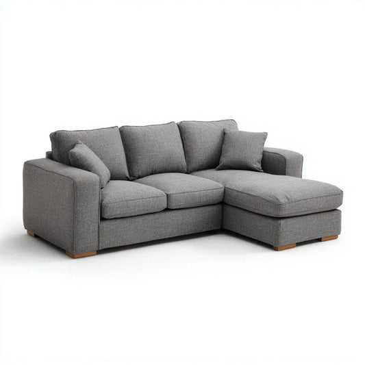 Szara sofa narożna z prawostronnym szezlongiem, tapicerowana tkaniną poliestrową, z brązowymi nóżkami, 240 × 150 × 85 cm