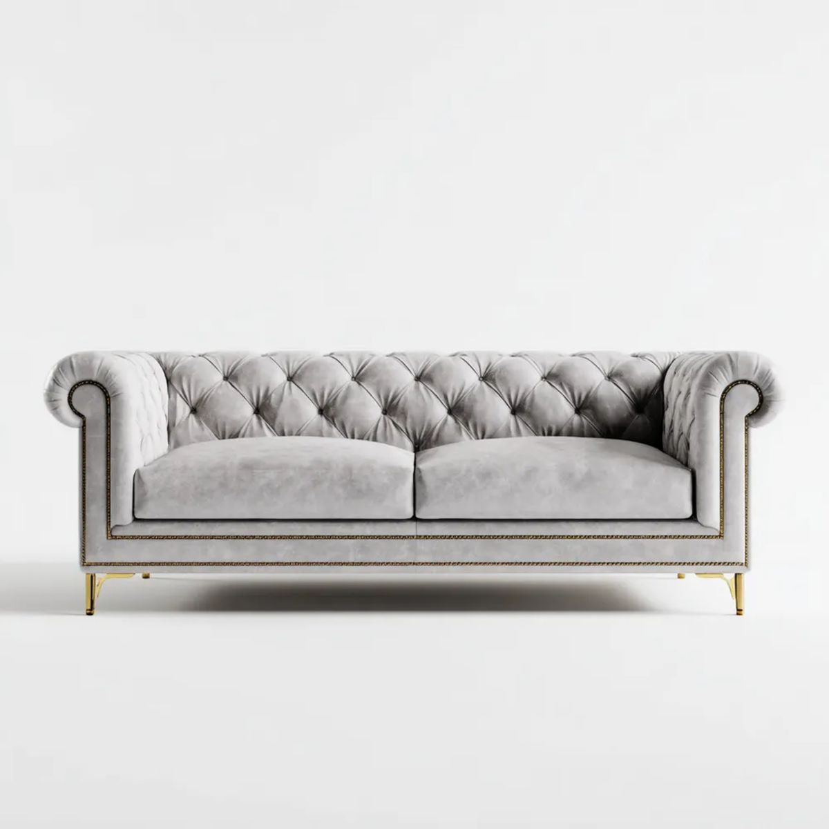 Dwuosobowa sofa Chesterfield z aksamitu, jasnoszaro-złota, 180 x 90 x 75 cm