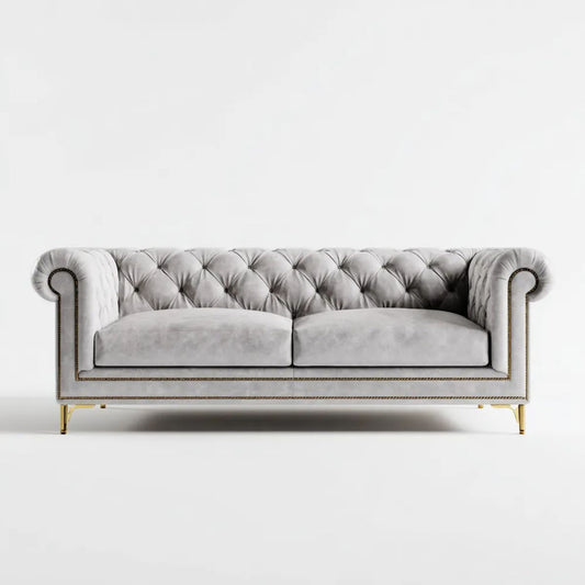 Dwuosobowa sofa Chesterfield z aksamitu, jasnoszaro-złota, 180 x 90 x 75 cm