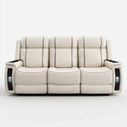 Kremowa sofa 3-osobowa z elektryczną regulacją, tapicerka PU, 220 x 95 x 105 cm
