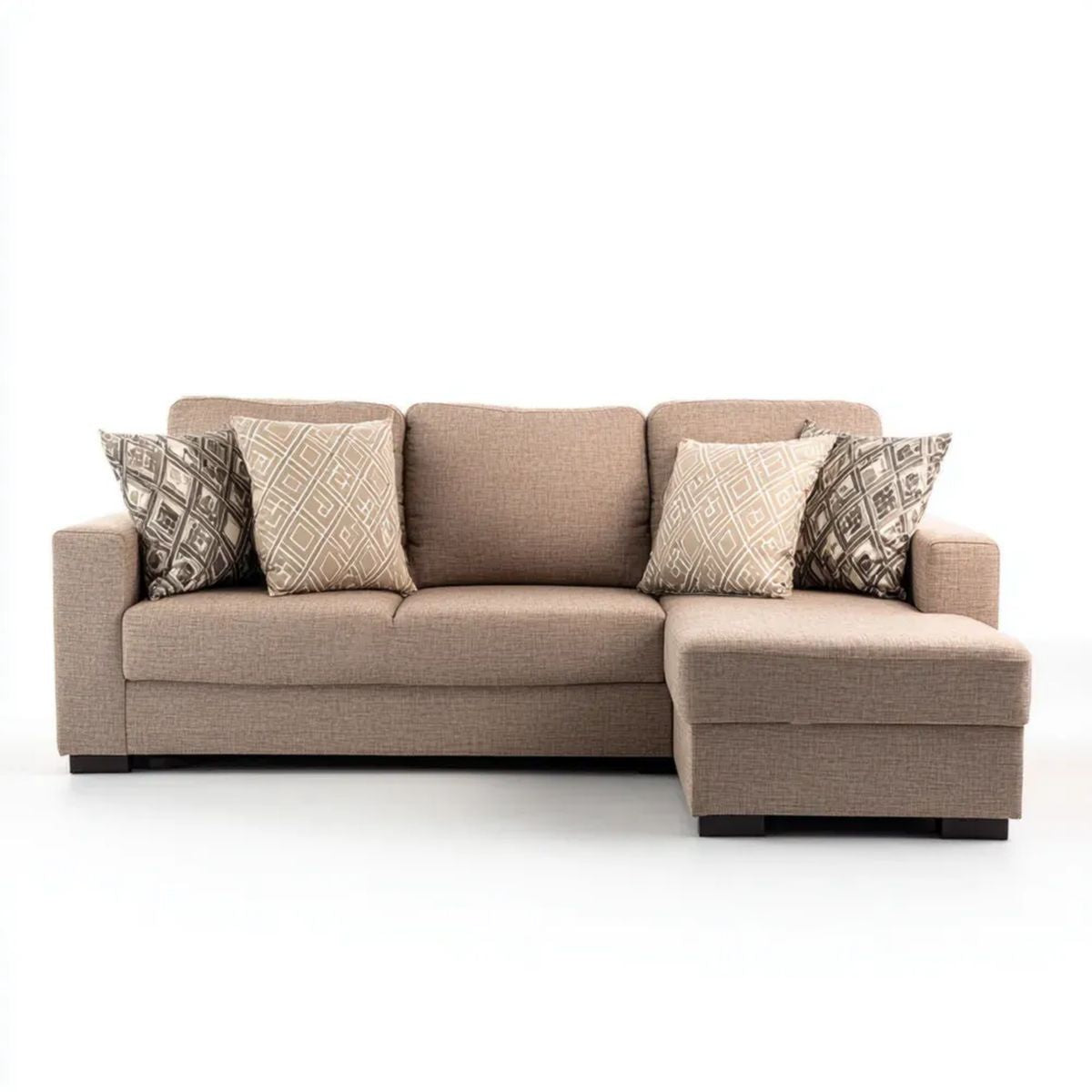 Beżowa sofa narożna w kształcie L z prawym szezlongiem, tapicerka poliestrowa, 250 × 160 × 85 cm