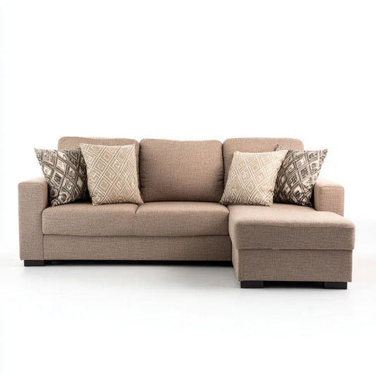 Beżowa sofa narożna w kształcie L z prawym szezlongiem, tapicerka poliestrowa, 250 × 160 × 85 cm