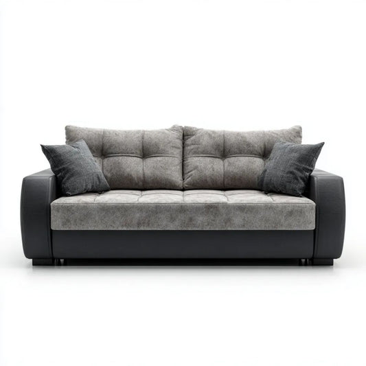 Sofa trzyosobowa szaro-czarna z tapicerką poliestrową i PU, 220 x 95 x 90 cm