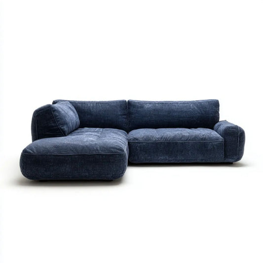 Granatowa sofa narożna z lewym szezlongiem, tapicerowana tkaniną poliestrową, 280 x 170 x 78 cm